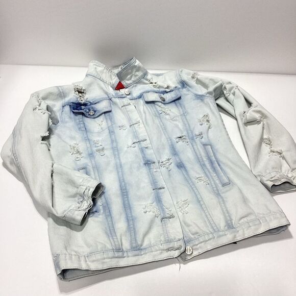 Emory Park Patch Work Rose Troublemaker Distressed Jean Denim Jacket Shacket - Picture 6 of 16